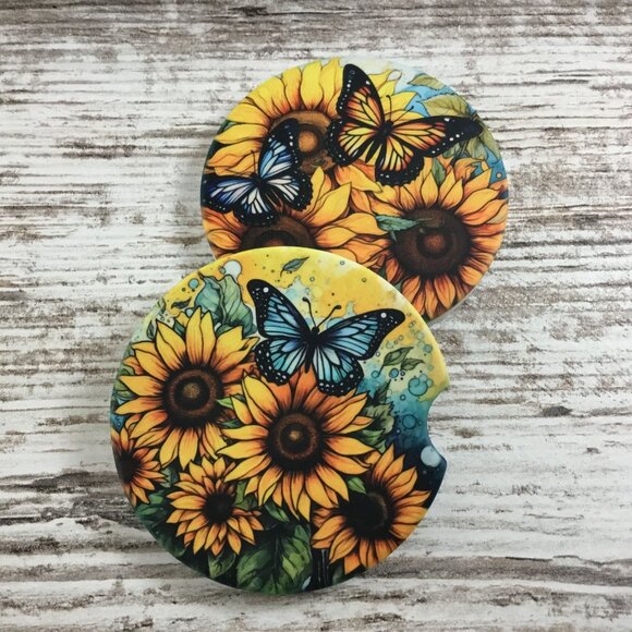 Sunflowers and Butterflies Car Coasters - Set of 2 Sandstone Coasters - Picture 5 of 6
